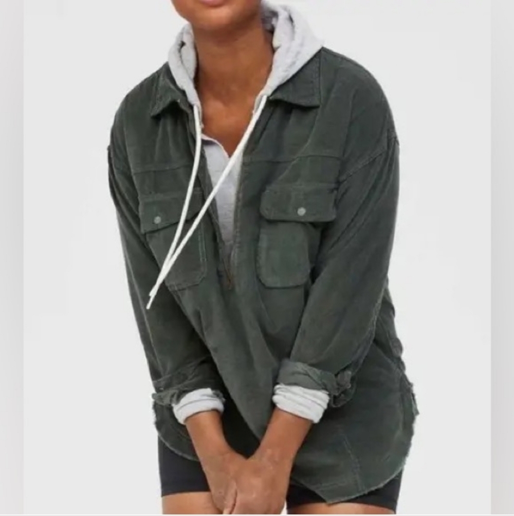 Aerie | Dark Green Oversized Hooded Shirt Jacket Corduroy Cottagecore